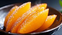 Fresh juicy orange mango slices arranged in dark ceramic plate, sprinkled with coconut flakes, close up view with selective focus on tropical fruit.