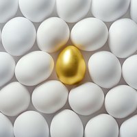Golden egg among white eggs arranged in rows on light background, symbolizing uniqueness, success and standing out from crowd concept for business excellence.