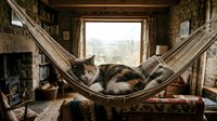 Tabby cat relaxing in hammock inside rustic cabin with window view, cozy interior design and pet lifestyle setting.