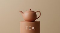 Matte terracotta teapot on a cylindrical pedestal with TEA text, warm beige background, minimalist ceramic design for branding and lifestyle concepts.