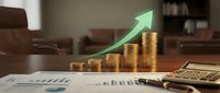 Financial growth concept with stacked golden coins forming ascending chart and green arrow pointing upward on desk with business reports and calculator.