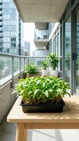 Urban balcony garden with seedlings in black tray and potted plants on wooden table, modern apartment building backdrop, natural sunlight, ideal for gardening and sustainable living concepts.