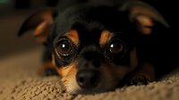 Close-up portrait of miniature pinscher puppy with soulful brown eyes lying on carpet, showing sweet expression and black and tan markings in warm lighting.