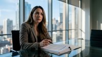 Professional businesswoman in gray suit working at modern office desk with city skyline view through large windows for corporate presentations.