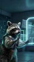 Raccoon hacker working on futuristic computer with holographic displays and binary code in cyberpunk tech environment for digital security concepts.