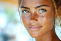 Close up portrait of young Caucasian woman with natural freckles, bright blue eyes and glowing sun-kissed skin smiling at camera against blurred background.