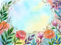 Watercolor floral frame with peonies, magnolias, and lush green leaves on a soft pastel blue background with golden accents and sparkles.