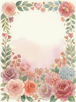 Watercolor floral frame with pink roses, peonies, hearts and green foliage on cream background, isolated and ready for invitations, cards and design projects.