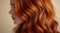 Side profile view of woman with long wavy copper red hair styled in loose curls against neutral beige background, showcasing luxurious healthy hairstyle and natural beauty.