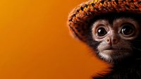 Adorable baby monkey wearing knitted hat against warm orange background with copy space for creative design projects.