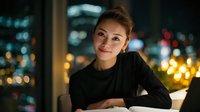 Young Asian businesswoman smiling confidently at camera in modern office with city lights bokeh background during evening hours for corporate success.
