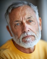 Close-up portrait of senior Caucasian man with gray hair, beard and striking blue eyes wearing yellow shirt, conveying wisdom and contemplation.