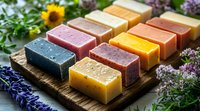 Handmade soap bars in various natural colors arranged on wooden board with fresh herbs and flowers. Artisanal skincare products showcase organic ingredients and textures.