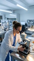 Female scientist in white lab coat using microscope in modern research laboratory for medical analysis and scientific discovery.