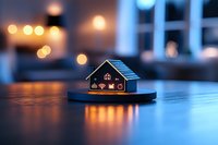 Miniature smart home model with glowing wifi and technology icons on dark background with bokeh lights, showcasing modern home automation concept.