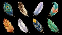 Colorful feather collection isolated on transparent background, ready for t-shirt design, clipart, stickers, sublimation and print-on-demand projects. Eight decorative feathers in vibrant colors.
