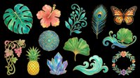 Watercolor botanical clipart set with tropical leaves, flowers, butterfly, peacock feather, crystals, and wave elements, isolated on transparent background for stickers, sublimation, and t-shirt design.