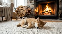 Adorable Shiba Inu puppy sleeping peacefully on rug near cozy fireplace in warm living room interior with firewood stack and comfortable armchair.