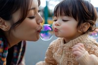Asian mother and daughter blowing soap bubbles together outdoors, sharing playful moment in warm knit clothing. Candid emotional family lifestyle portrait.