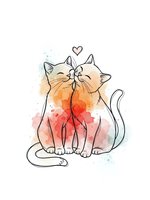 Two adorable cats in love nuzzling together with watercolor splashes and heart symbol, romantic feline couple illustration for Valentine's Day designs.