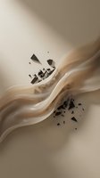 Smooth flowing liquid waves in beige and cream tones with scattered dark geometric fragments, creating dynamic motion and abstract composition for modern design projects.