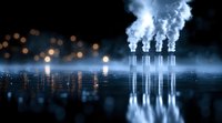 Industrial smokestacks emit steam against dark night sky, reflecting in water surface with bokeh lights creating moody atmospheric scene with environmental theme.