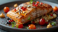 Grilled salmon fillet with sesame seeds, fresh herbs, cherry tomatoes and pomegranate seeds served on dark plate with garnish. Gourmet seafood preparation.