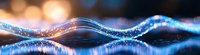Abstract glowing wave pattern with blue light trails and bokeh effects against dark background creates magical flowing energy visualization.