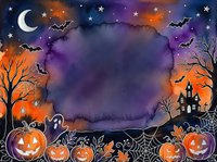 Halloween watercolor frame with pumpkins, bats, haunted house, ghost, spiderwebs, and crescent moon on spooky night sky with copy space.