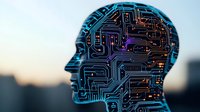 Glowing circuit board pattern forming human head silhouette against blurred cityscape background, representing artificial intelligence and digital consciousness.