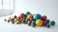 Colorful spheres in various sizes arranged on white surface with natural light from window, suitable for design projects and educational materials.
