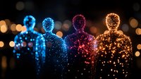 Glowing silhouettes of people created from magical light particles in blue, red and gold colors against dark background with bokeh lights. Digital art concept.