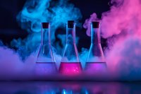 Laboratory glass flasks with glowing neon liquid in pink and blue smoke atmosphere creating mystical scientific mood for chemistry and research concepts.