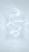 Transparent glass spiral ribbon floating in soft gray atmosphere with elegant curves and reflective surface for modern design projects.