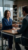 Professional businesswoman and businessman shaking hands across desk in modern office during successful meeting or partnership agreement.