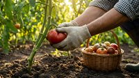 Farmer hands in gloves harvesting fresh ripe red tomatoes from garden plants into wicker basket during sunny morning in organic vegetable farm for healthy eating.
