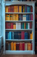 Vintage white wooden bookshelf filled with colorful hardcover books arranged by color creating rainbow effect. Natural light illuminates classic library collection.