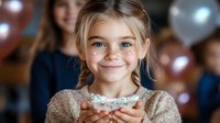 Young girl with freckles and blonde hair smiling at birthday party, holding cupcake with candle against blurred background of balloons and celebration.