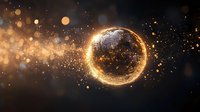 Glowing golden sphere with sparkling particles and light trails against dark background creates magical cosmic atmosphere. For fantasy or science backgrounds.