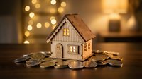 Wooden miniature house model surrounded by golden coins on dark surface with warm bokeh lights background representing real estate investment and savings.