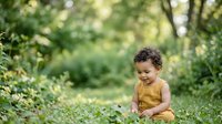 Toddler with curly hair, mixed ethnicity, wearing yellow sleeveless shirt, sitting on grass in lush green garden surrounded by foliage and natural sunlight for parenting and childhood concepts.