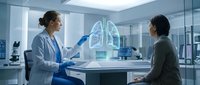 Female doctor presenting holographic lung anatomy to patient in modern medical facility for respiratory health consultation and diagnosis.