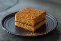Golden honey cake squares stacked on dark ceramic plate, traditional sponge dessert with fine crumb texture for bakery menu and food photography.