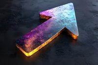 Glowing arrow symbol with vibrant purple and orange neon lighting effect on dark textured background, modern directional design element for business concepts.