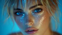 Young blonde woman with glowing blue eyes and glitter makeup on face in dramatic neon lighting creating ethereal, magical atmosphere for beauty and fashion concepts.