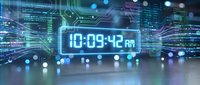 Futuristic digital clock display showing 10:09:42 AM surrounded by glowing circuit patterns and data streams in cyberpunk style technology interface.