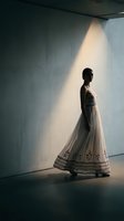 Silhouette of woman in flowing white dress standing in dramatic natural light beam against concrete wall creating atmospheric mood for fashion photography.