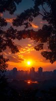 Dramatic orange sunset over city skyline framed by silhouetted tree branches, with glowing sun and vibrant clouds creating magical evening atmosphere.