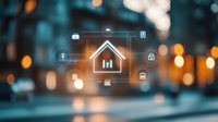 Glowing smart home interface with connected device icons floating over blurred city lights background, modern home automation technology concept.