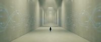 Solitary figure walking through a minimalist corridor with symmetrical walls and ethereal lighting, evoking isolation and introspection for conceptual and editorial projects.